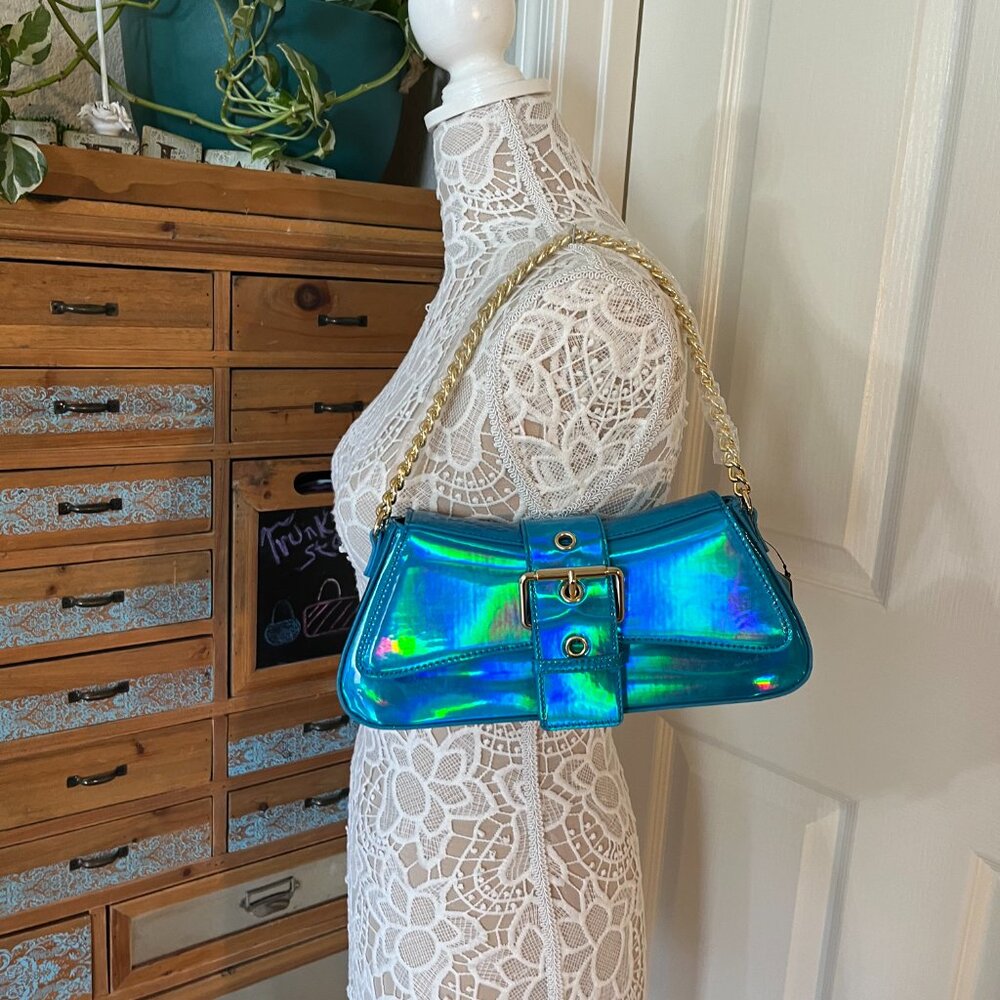 Iridescent Metallic Shiny Aqua Blue - Gold Buckle Crossbody / Chain Straps - NWT - Picture 2 of 10